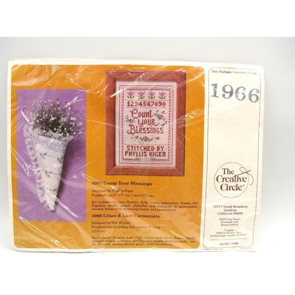 NEW The Creative Circle Cross Stitch Kit 9" Lilacs & Lace Cornucopia ACOC #1966 - Picture 1 of 11